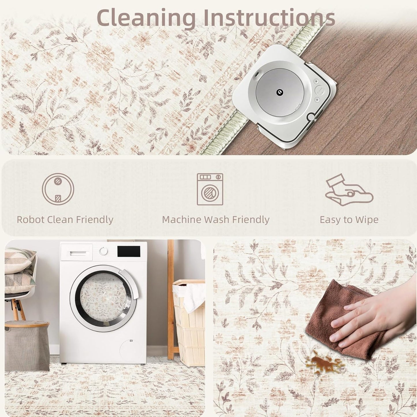 Rugs for Living Room 6x9 Rug, Washable Floral Boho Area Rug Non Slip Soft Low Pile Large Rugs for Bedroom Girls, Dining Room, Office, Kids Playroom(6'x9', Floral Beige)