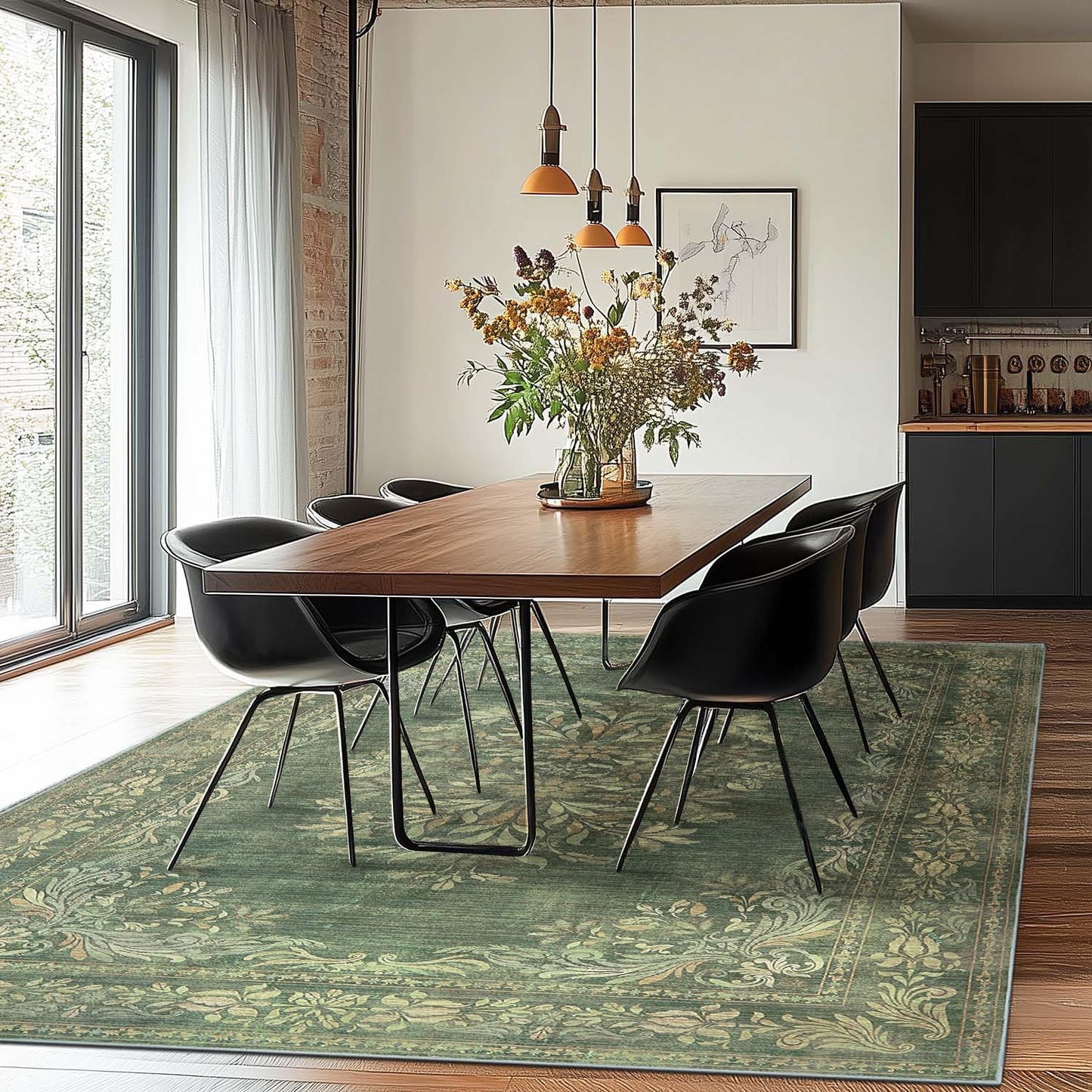 jinchan Green Floral 8x10 Area Rugs for Living Room - Machine Washable Vintage Distressed Design Soft Throw Rug Non-Slip Large Carpet for Bedroom Nursery Dining Room Home Office (8x10ft,Dark Green)