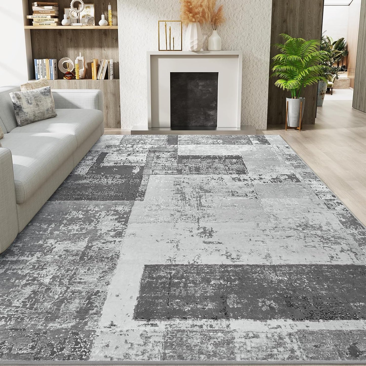 LOCHAS Rug for Living Room, Washable Soft Area Rugs for Bedroom 8x10, Abstract Carpet for Indoor Office Kids Dining Room Nursery Floor, Grey Geometric Vintage Home Decor, Non Slip, Pet Child Friendly