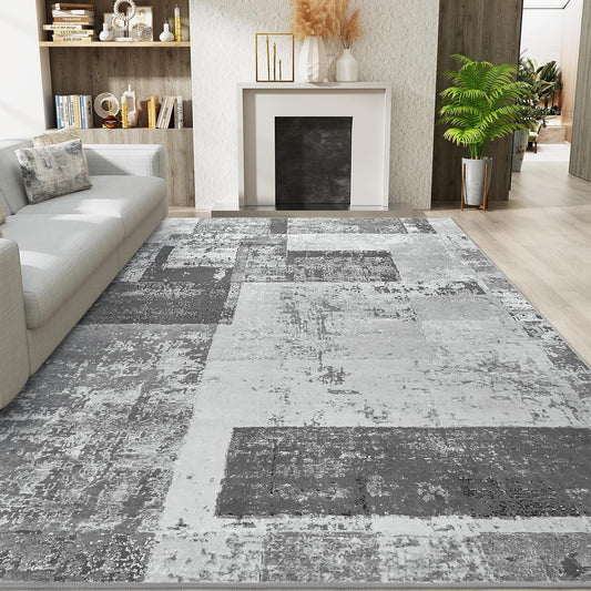 LOCHAS Rug for Living Room, Washable Soft Area Rugs for Bedroom 4x6, Abstract Carpet for Indoor Office Kids Dining Room Nursery Floor, Grey Geometric Vintage Home Decor, Non Slip, Pet Child Friendly