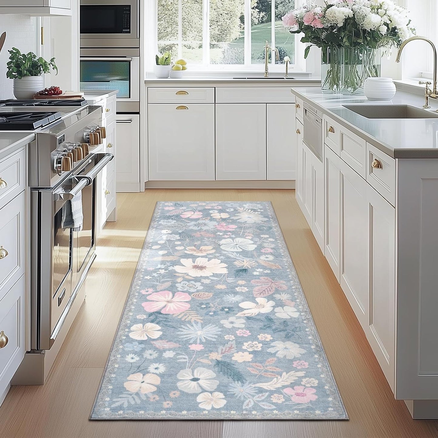 Kitchen Runner Rug 2x6 Washable Non Slip Soft Boho Floral Carpet Runner for Hallways Low Pile Thin Faux Fur Long Area Rug for Bedroom Entrance Patio Laundry Room Bathroom,Pastel Blue