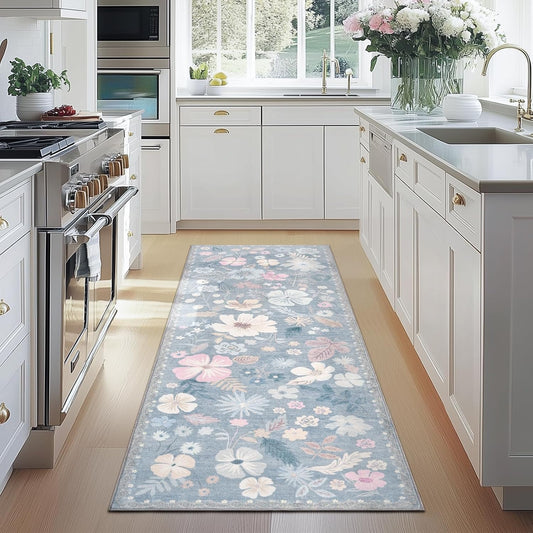Kitchen Runner Rug 2x6 Washable Non Slip Soft Boho Floral Carpet Runner for Hallways Low Pile Thin Faux Fur Long Area Rug for Bedroom Entrance Patio Laundry Room Bathroom,Pastel Blue