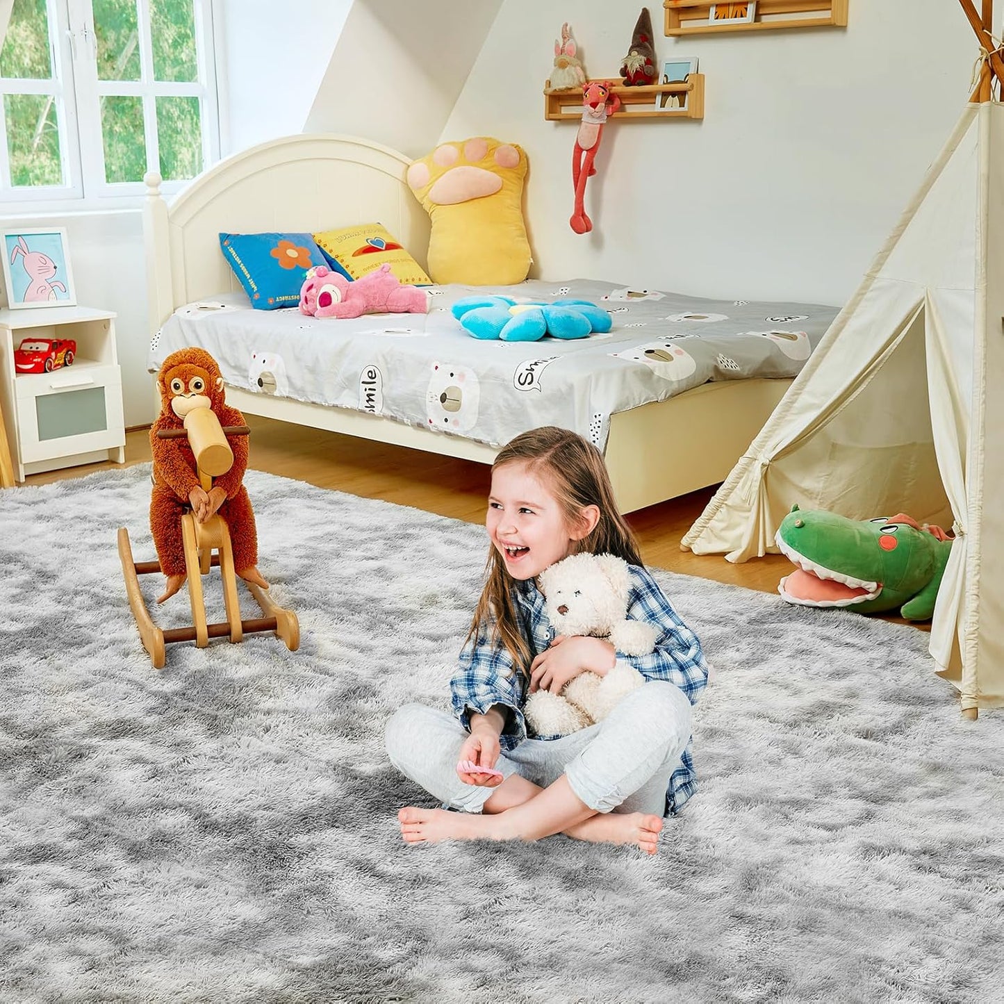 Ultra Soft Rug for Living Room, 8X10 Tie-Dyed Light Grey Fluffy Shag Area Rug for Bedroom, Modern Shaggy Carpets Fuzzy Rug for Teens Dorm Nursery Home Decor Aesthetic, Upgrade Anti-Skid Durable