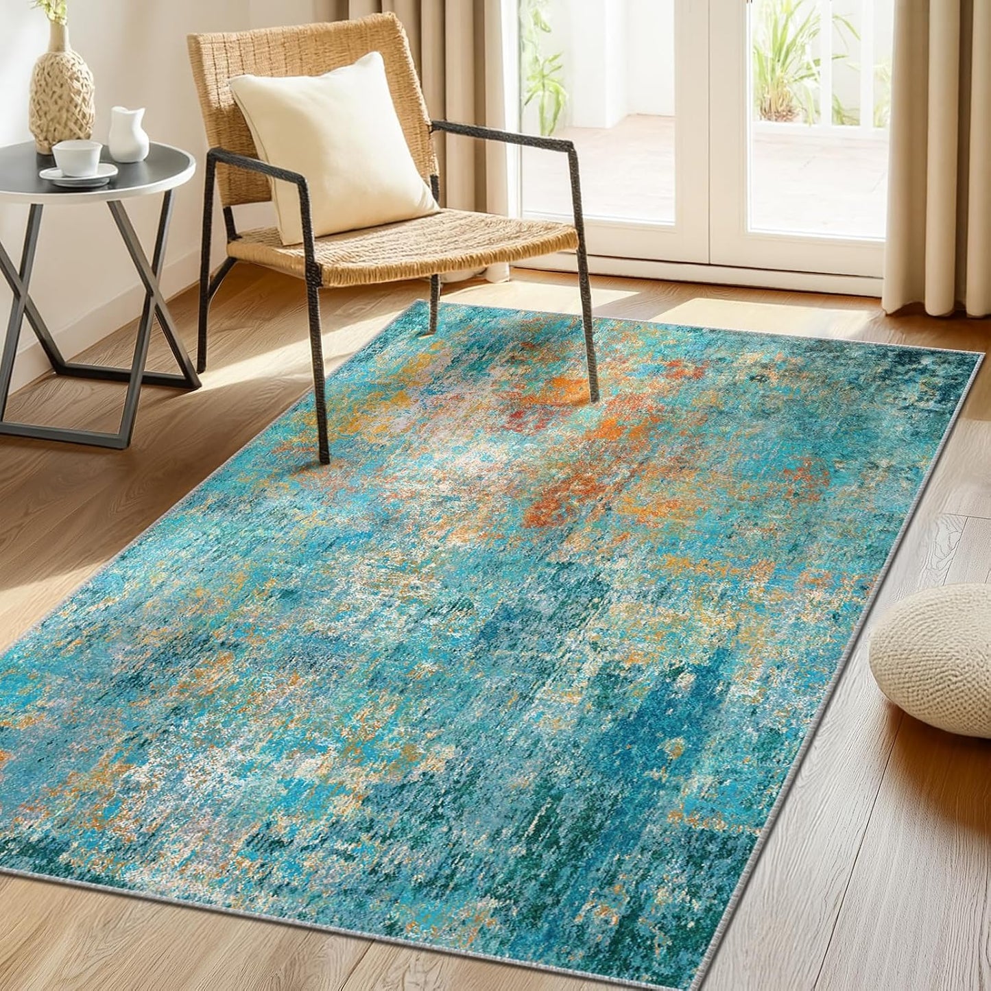 Washable Area Rugs 4'x6' Non-Slip Modern Abstract Soft for Living Room Entryway Bedroom Nursery, Print Pattern, Teal Blue Green Orange Rust Red Colorful
