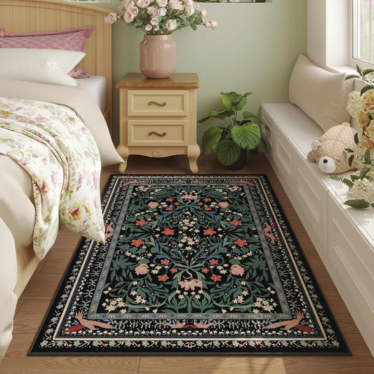 Bedroom Rug 3x5 Rug Washable Area Rug Non Slip Low Pile Vintage Floral Botanical Small Carpet for Bedroom, Bedside, Kitchen, Entryway, Kids Room, Office, Black