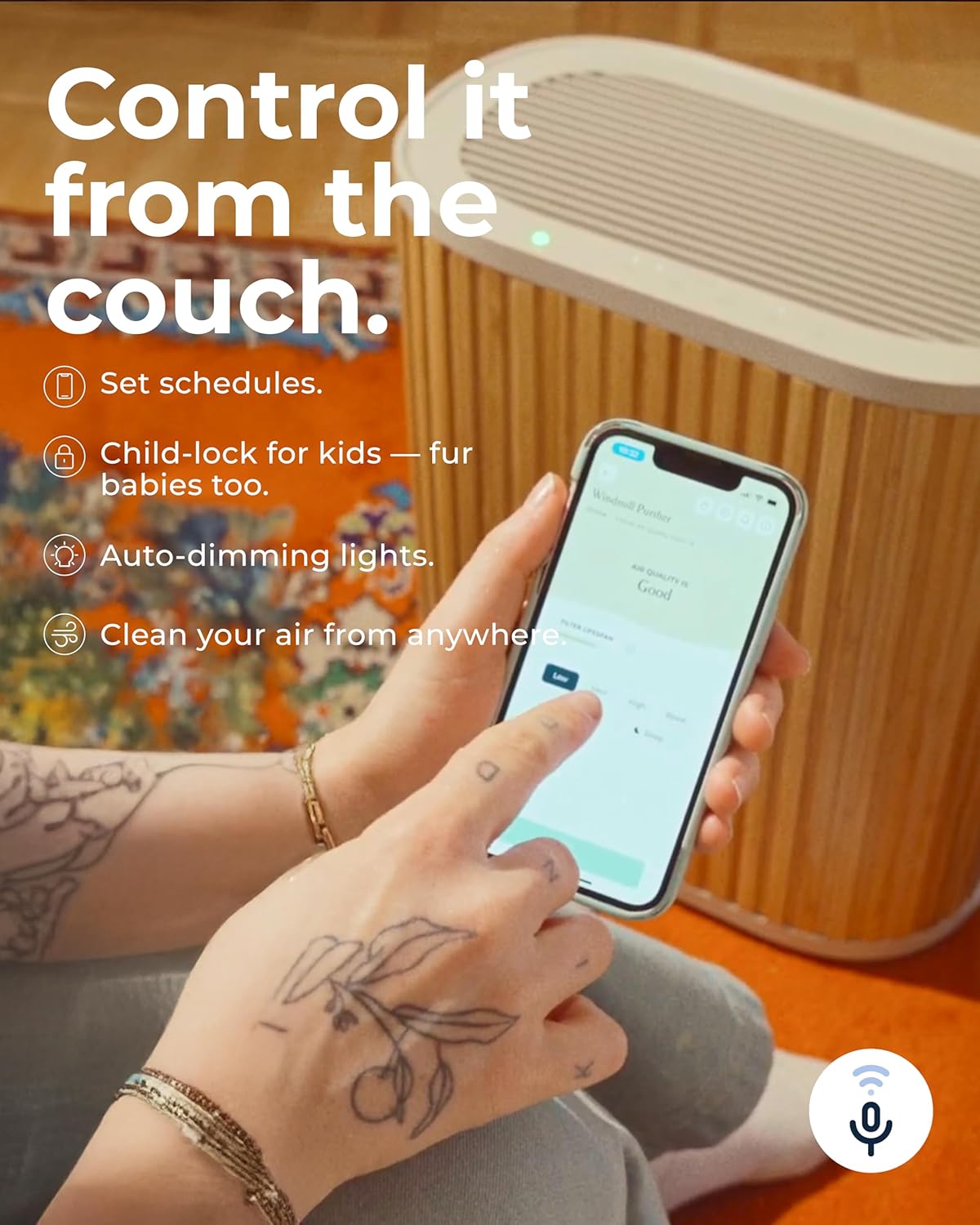 Windmill Air Purifier for Home - 3-In-1 Filtration for Smoke & More - True HEPA Filter, Activated Carbon, & Pre-Filter - Covers Up To 1950 sq ft - Ultra-Quiet - App Compatible - Bamboo