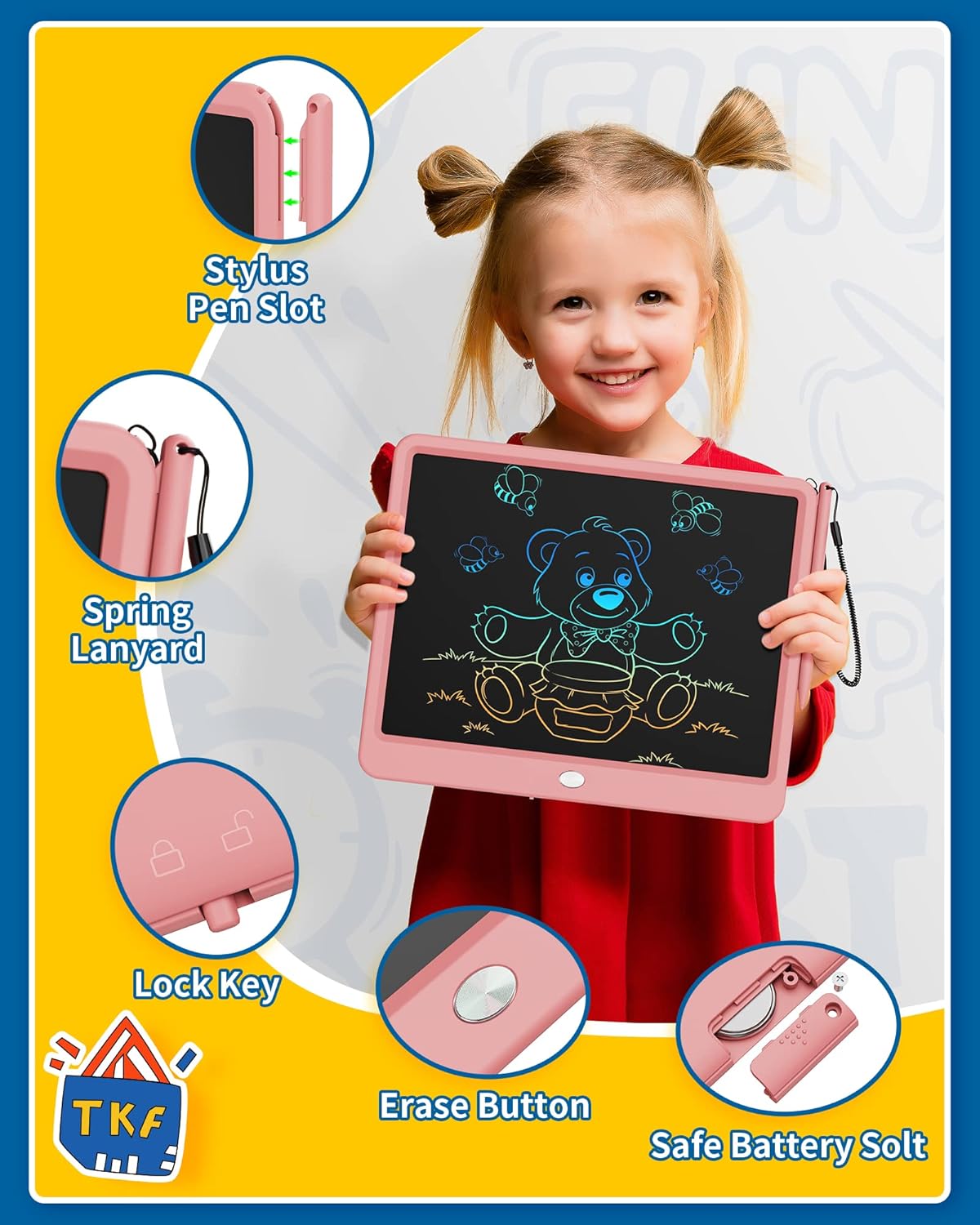 TEKFUN Toys for Girls 12in LCD Writing Tablet, Erasable Doodle Board with Anti-Lost Stylus, Mess Free Coloring Drawing Board, Travel Car Trip Games Toys Birthday for 3 4 5 6 7 Girls Pink