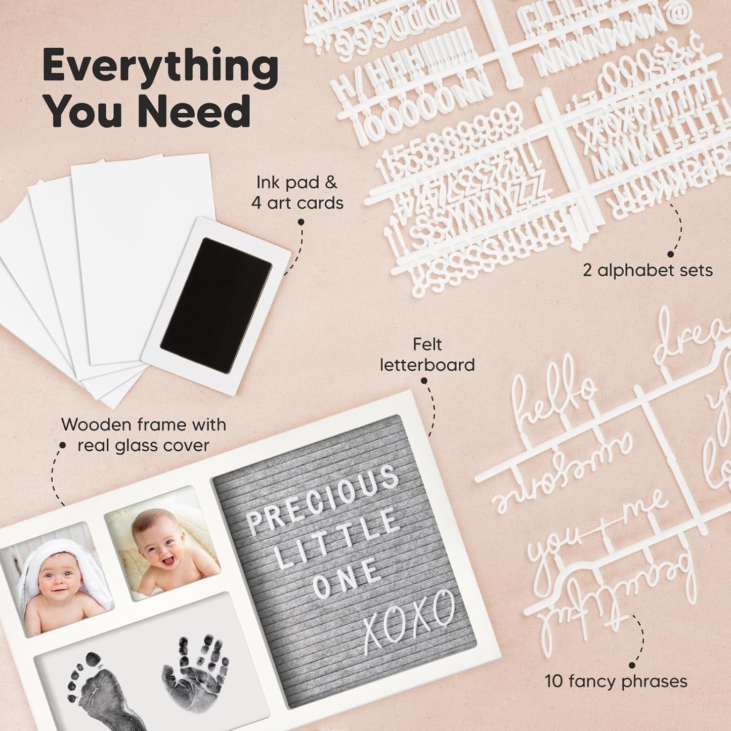 Baby Hand & Footprint Kit with Felt Letterboard, Inkless Ink Pad - Personalized New Mom Gifts for Baby Announcement, Cute Nursery Newborn Picture Frame,Ideal Dog Nose & Paw Print Kit(Alpine White)