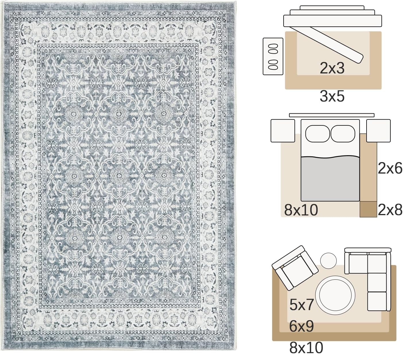jinchan Floral 8x10 Area Rugs for Living Room - Machine Washable Vintage Distressed Boho Design Throw Rug Stain Resistant Carpet Low-Pile Thin Non-Slip for Bedroom Dining Room Nursery (8‘x10',Grey)