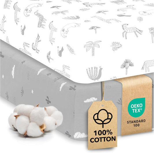 Sweety Fox 2-Pack Cotton Jersey Crib Sheets – Soft Fitted Sheets for Boys and Girls, Mini Crib Sheets, Toddler Bed Sheets (Savanna)