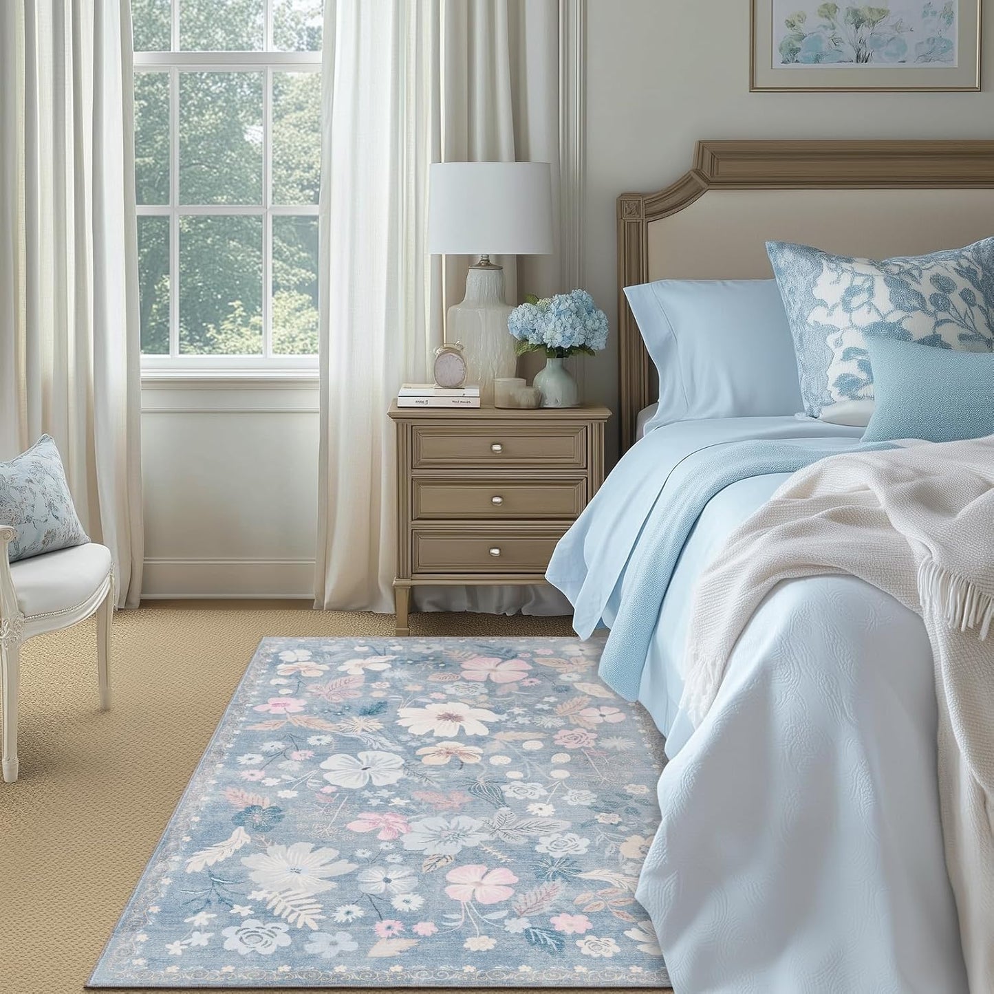 Bedroom Rugs 3x5 Machine Washable Non Skid Stain Resistant Low Pile Faux Fur Area Rug Soft Boho Retro Floral Accent Small Carpet for Living Room Entrance Farmhouse Bedside Nursery Girls,Light Blue