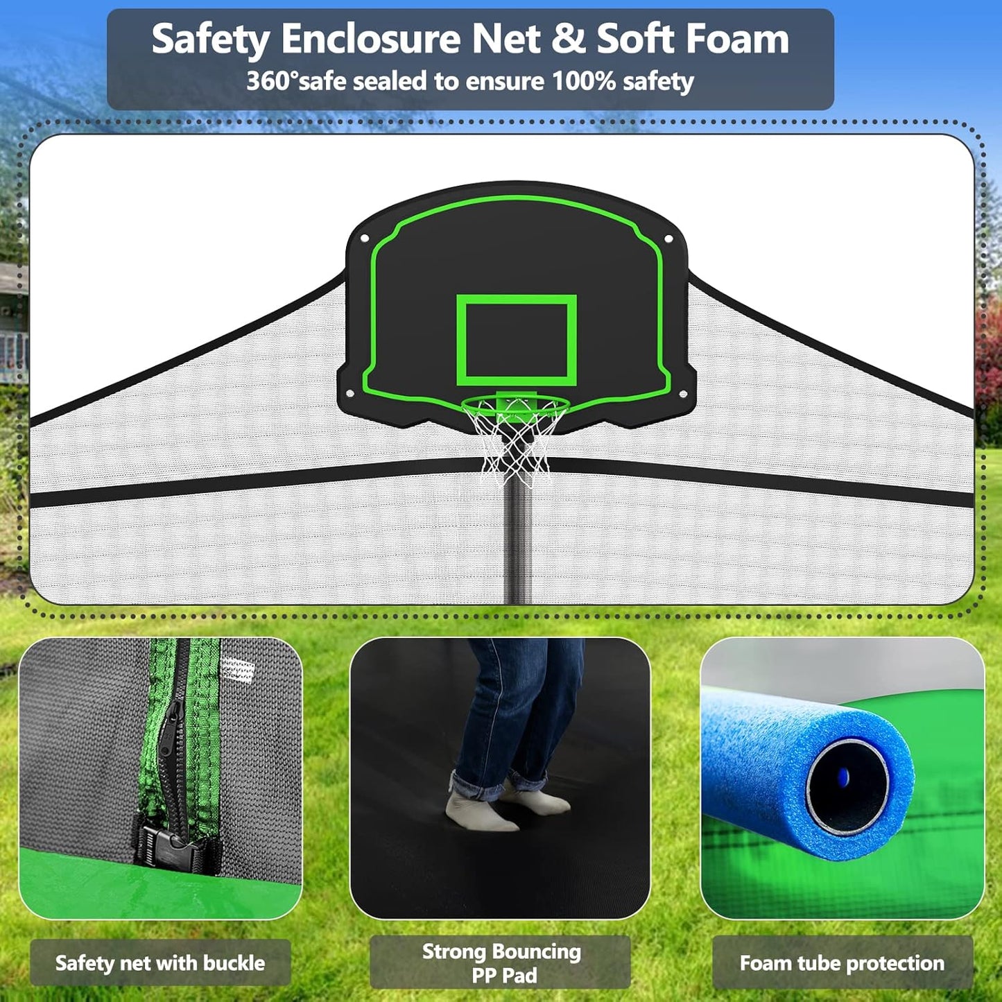Upgraded 10/12/14/15/16FT Trampoline Outdoor, Large Kids Trampoline with Light, Stakes, Sprinkler, Backyard Trampoline with Basketball Hoop and Net, Capacity for 4-6 Kids and Adults