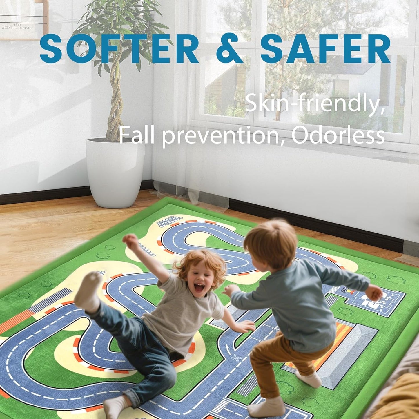 Kids Play Rug, 1.3" Thickened Knee Protection Playmat 39"×59" Car Mat for Track Racing Non-Slip Educational Activity Mat Toddler Rugs for Play Area