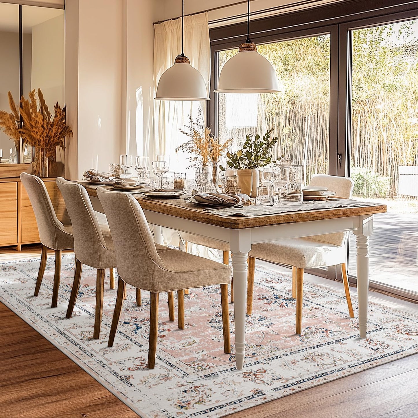 jinchan Vintage Floral 5x7 Area Rugs for Bedroom - Machine Washable Distressed Design Stain Resistant Boho Carpet Ultra-Thin Low Pile Non-Slip for Living Room Dining Room Kitchen (5‘x7',Pink)