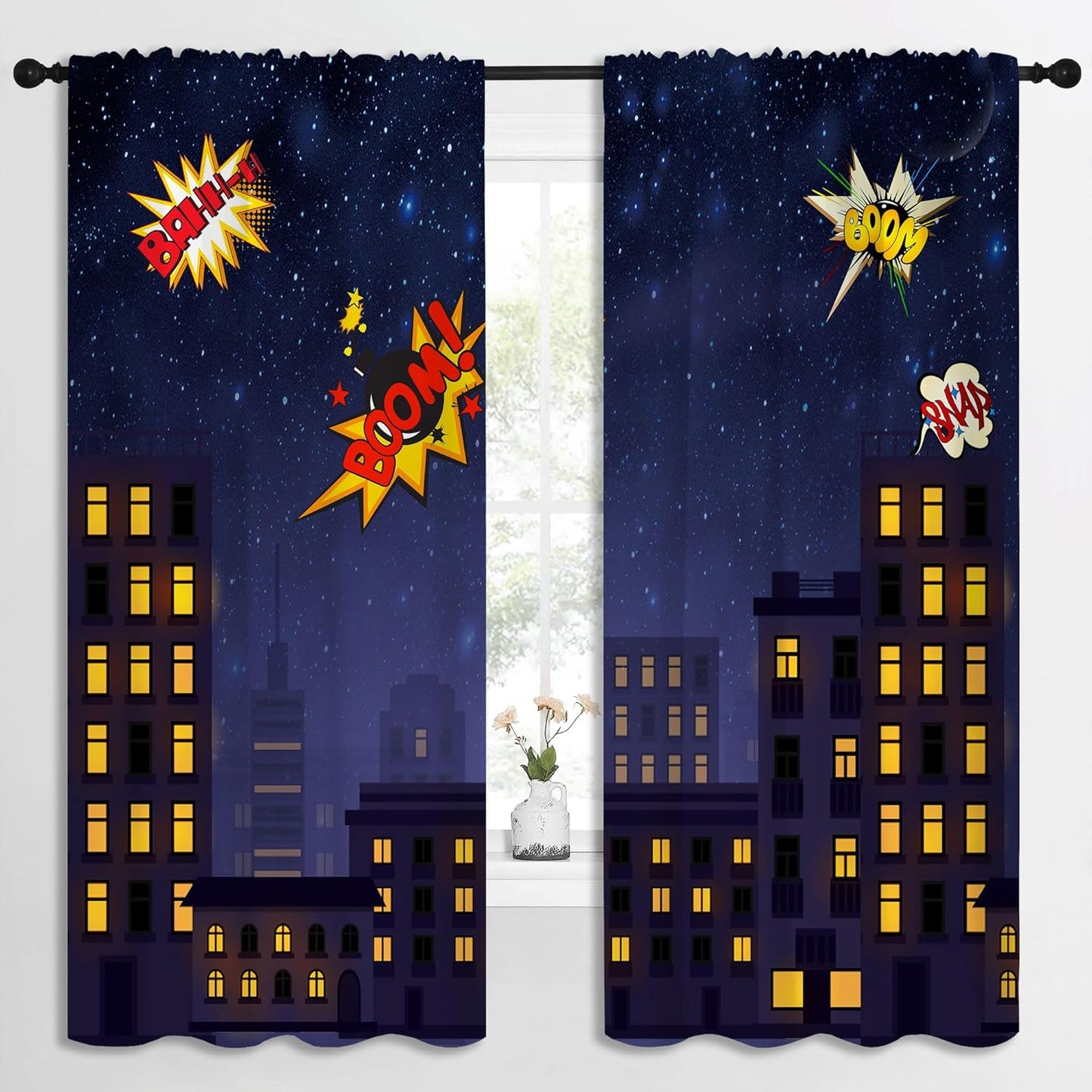 Super Hero Rod Pocket Blackout Curtains for Boy Girl Bedroom, Exploding City Starry Cartoon Skyline Home Energy Efficient Light Filtering Window Curtain for Living Room, 84x63 inch