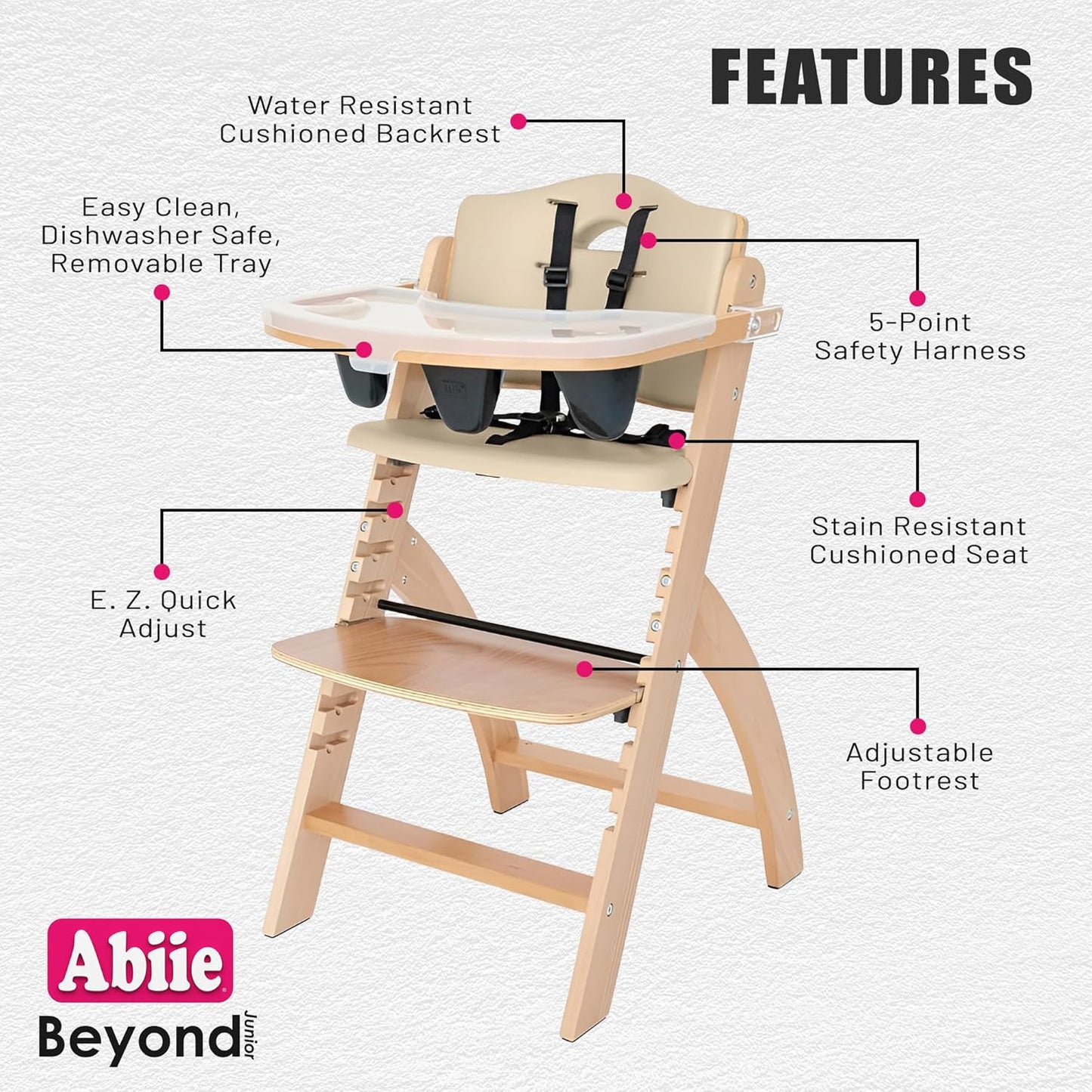 Abiie Beyond Junior Wooden High Chair with Tray - Adjustable and Convertible High Chair for Babies and Toddlers - 6 Months to 250 Lb - Water Resistant - Natural Wood with Beige Cushion