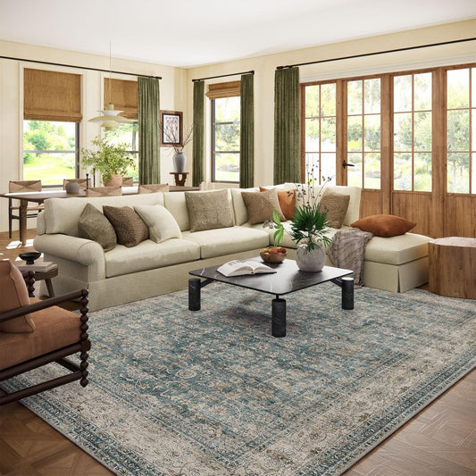 Area Rugs 9x12 Living Room: Washable Rugs for Bedroom Vintage Stain Resistant Non Slip Low Pile Large Boho Carpet for Kitchen Dining Room Farmhouse Kids Room Nursery
