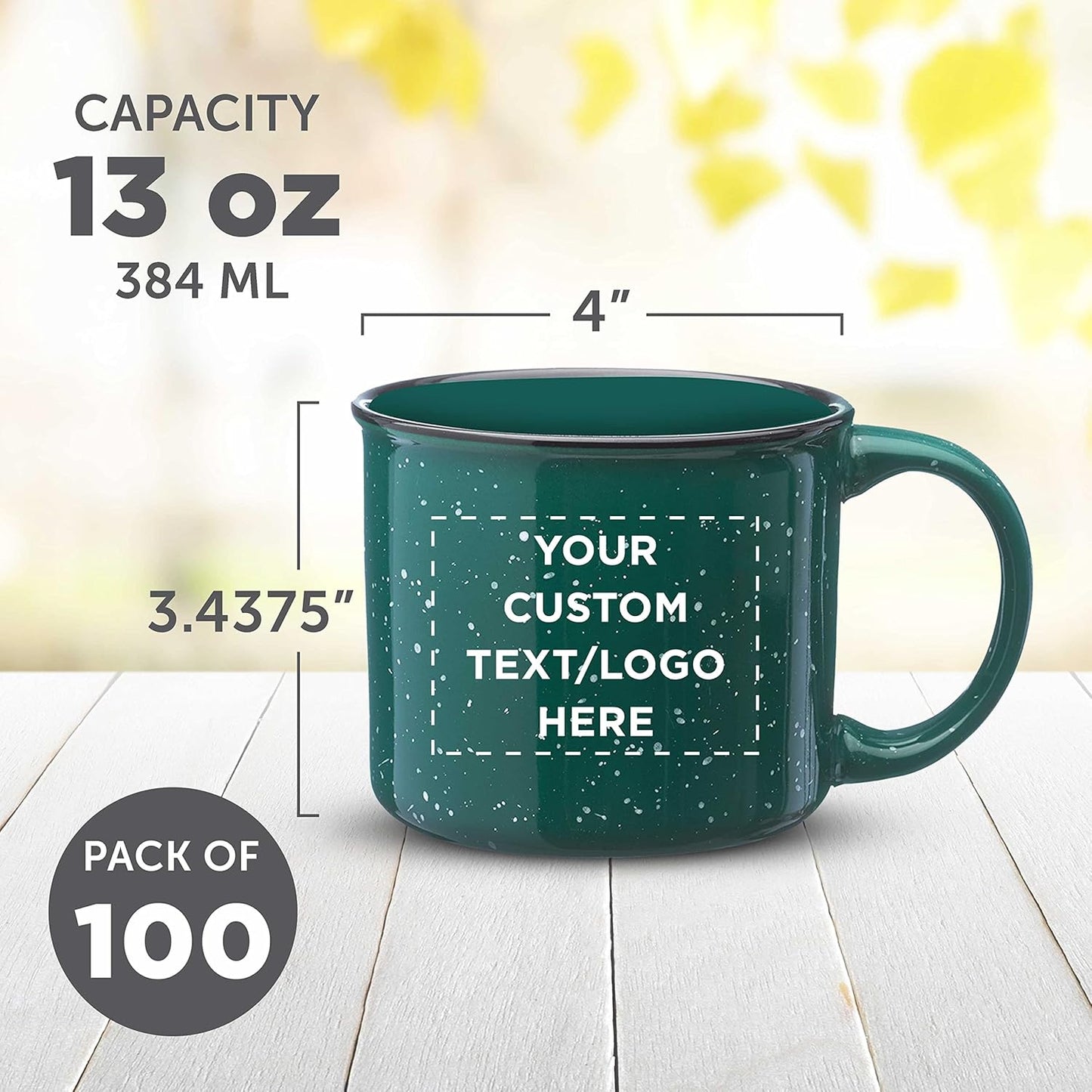 DISCOUNT PROMOS Custom Ceramic Campfire Coffee Mugs 13 oz. Set of 100, Personalized Bulk Pack - Perfect for Tea, Espresso, Cappuccino, Hot Cocoa - Green