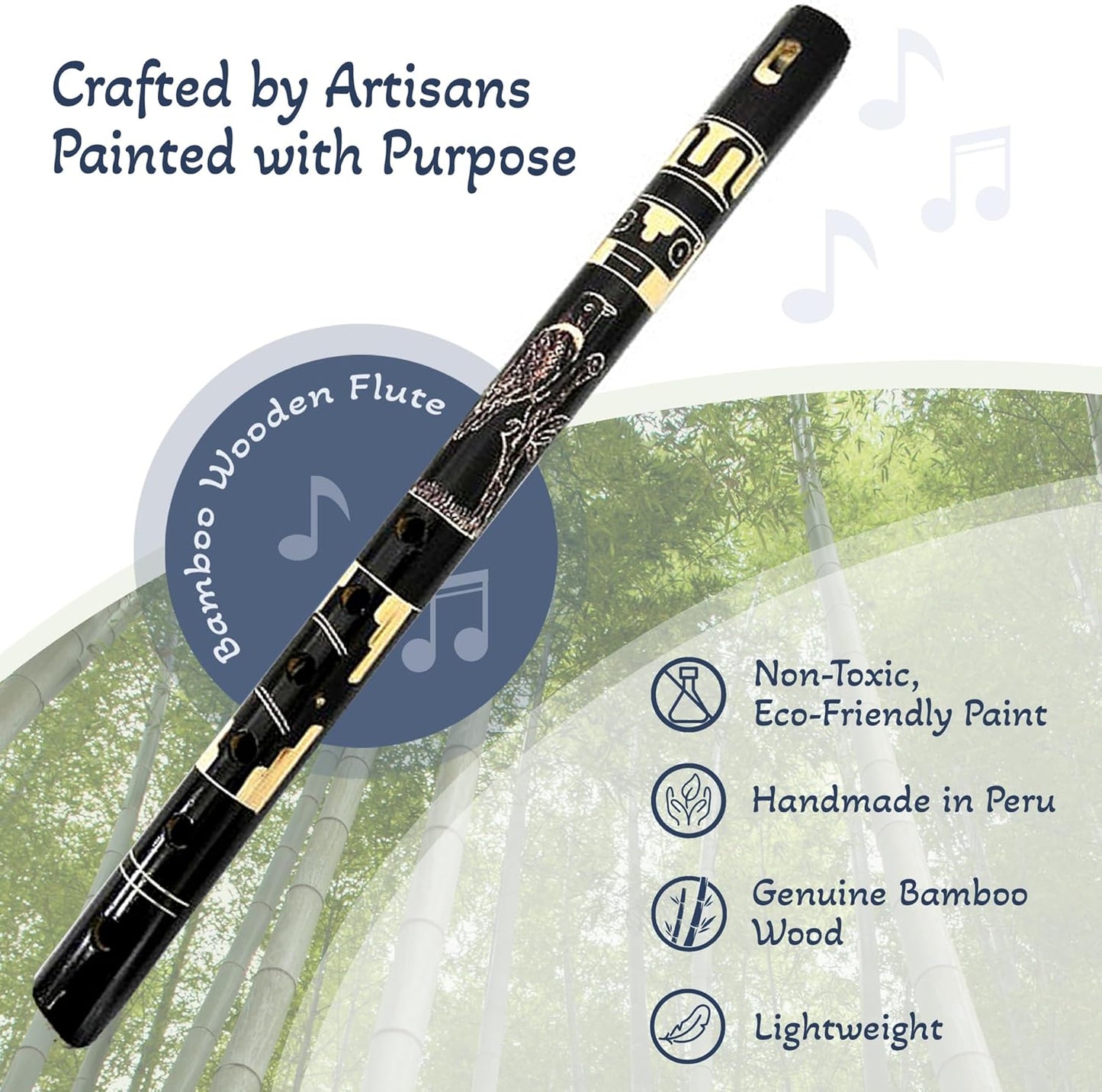 Mia Jewel Shop - Handmade Colored Bamboo Wooden Flute | Tribal Nature Pattern | Native Recorder for Beginners, Meditation & Music Lovers (Black)