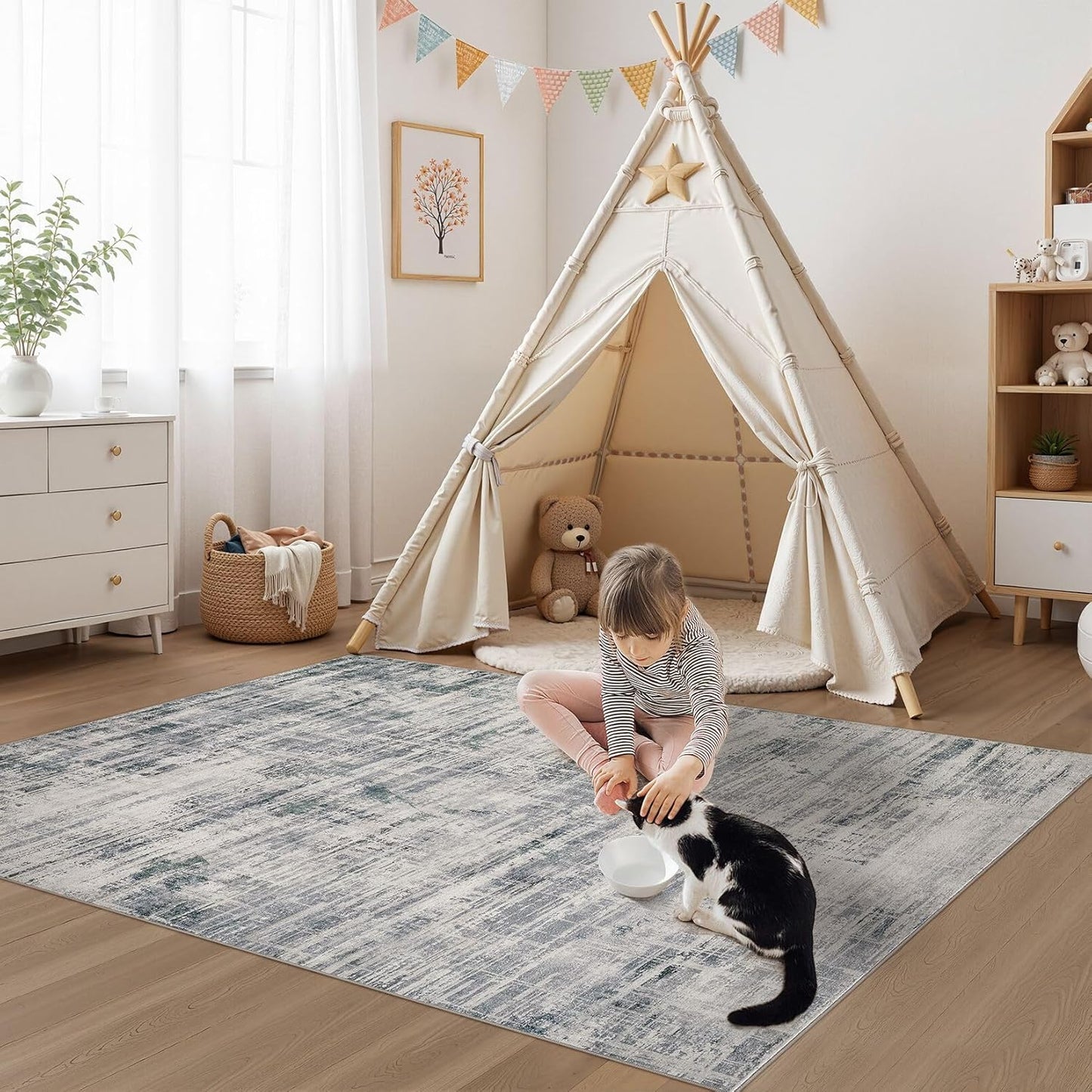 Area Rug for Living Room: 3x5 Washable Neutral Abstract Modern Soft Rugs Non Slip Indoor Floor Stain Resistant Carpet for Bedroom Dining Room Office Nursery - Gray