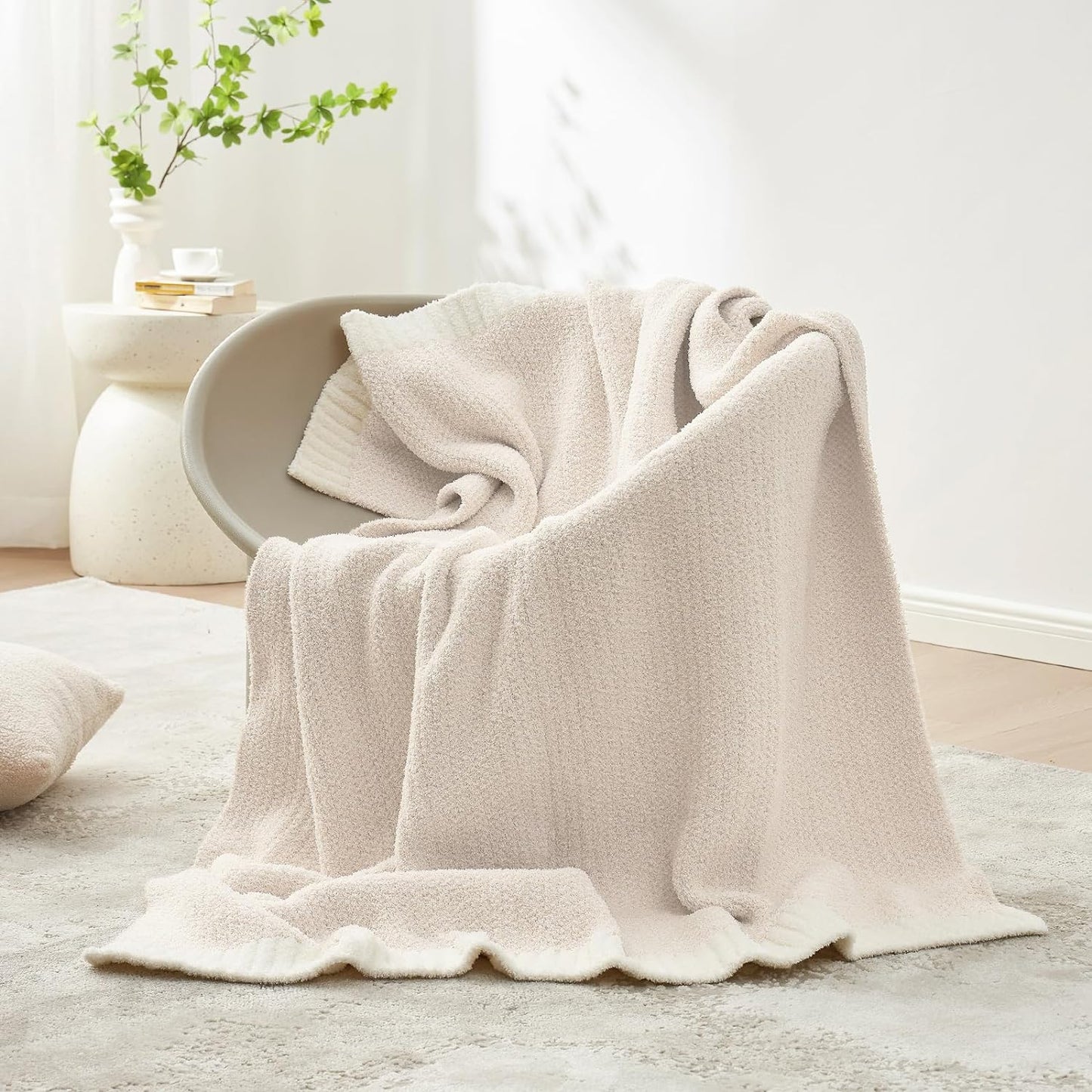 Snuggle Sac Buttery Ivory Throw Blanket for Couch, Reversible Super Soft Knitted Blankets, Warm Cozy Knit Fuzzy Plush Lightweight Throws Dupes for Sofa, Bed, Picnic, Ivory, 50 x 60 inches