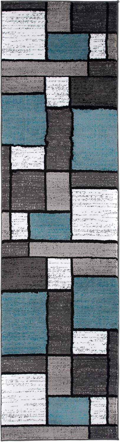 Rugshop Contemporary Modern Boxes for Home Office,Living Room,Bedroom,Kitchen Non Shedding Runner Rug 2'7" x 12' Blue