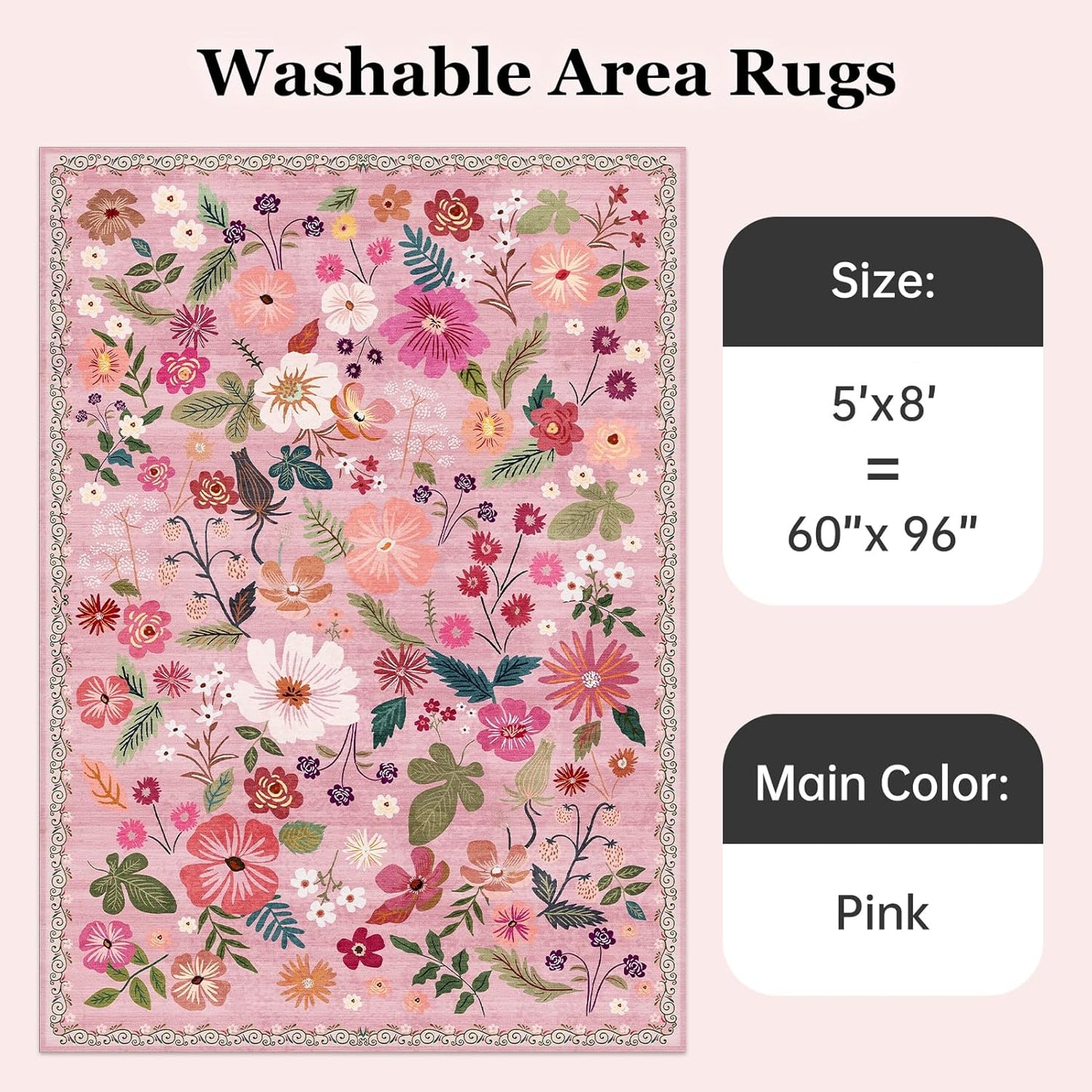 5x8 Area Rug for Nursery Girl Pink Floral Boho Cute Washable Soft Low Pile Non Slip Rugs Vintage Sound Absorbing Stain Resistant Big Carpet Rug for Bedroom Playroom Spring Living Room Dining Room