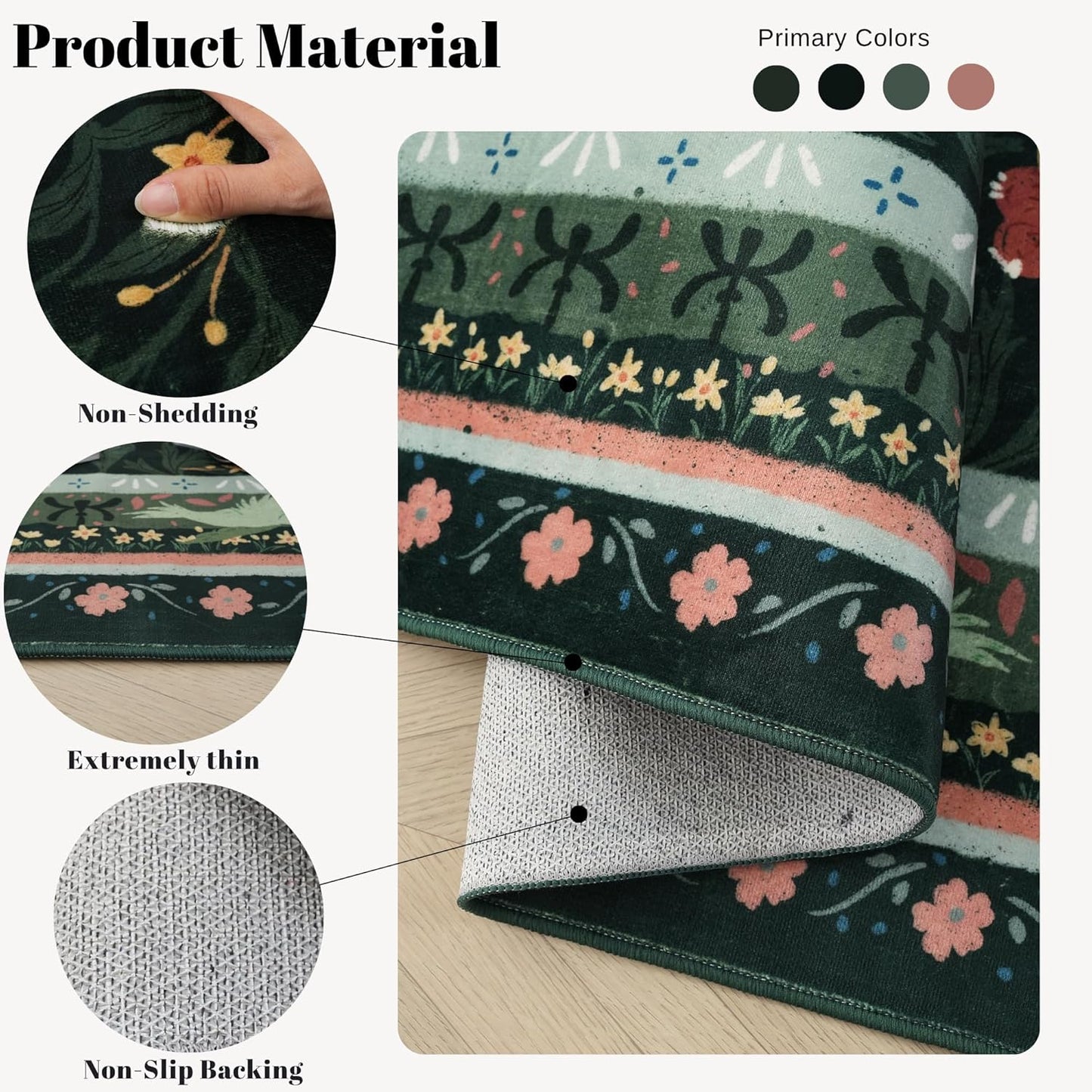 Runner Rug for Kitchen Rug Non Slip 2'x6' Washable Rugs with Rubber Backing Soft Vintage Floral Botanical Carpet Runner for Kitchen, Laundry, Bedroom, Bathroom, Green