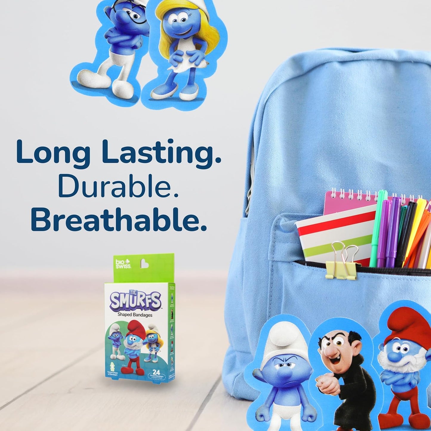 BioSwiss Bandages, The Smurfs in 3D Shaped Self Adhesive Bandage, Latex Free Sterile Wound Care, Fun First Aid Kit Supplies for Kids and Adults, 24 Count Box