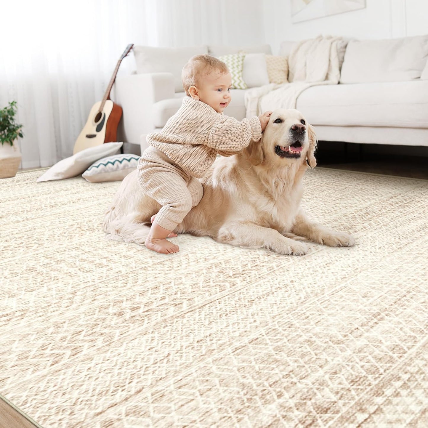 Moroccan Large Area Rug 5x7 - Soft Machine Washable Geometric Boho Distressed Farmhouse Rug Morden Stain Resistant Indoor Floor Carpet for Bedroom Dining Table Nursery Home Office(5'x7',Ivory Beige)