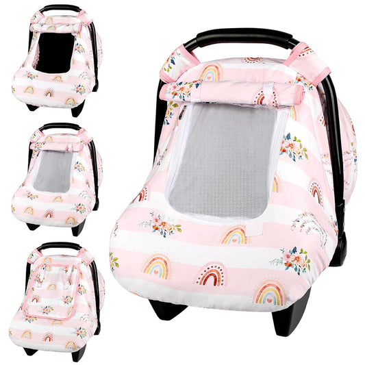 Pea Pod Car Seat Cover Baby, Infant Car Seat Canopy Covers for Newborn with 2 Layers Windows of Breathable Mesh Fabric, Lightweight Polyester/Soft Minky Dot Backing (Floral & Rainbow)