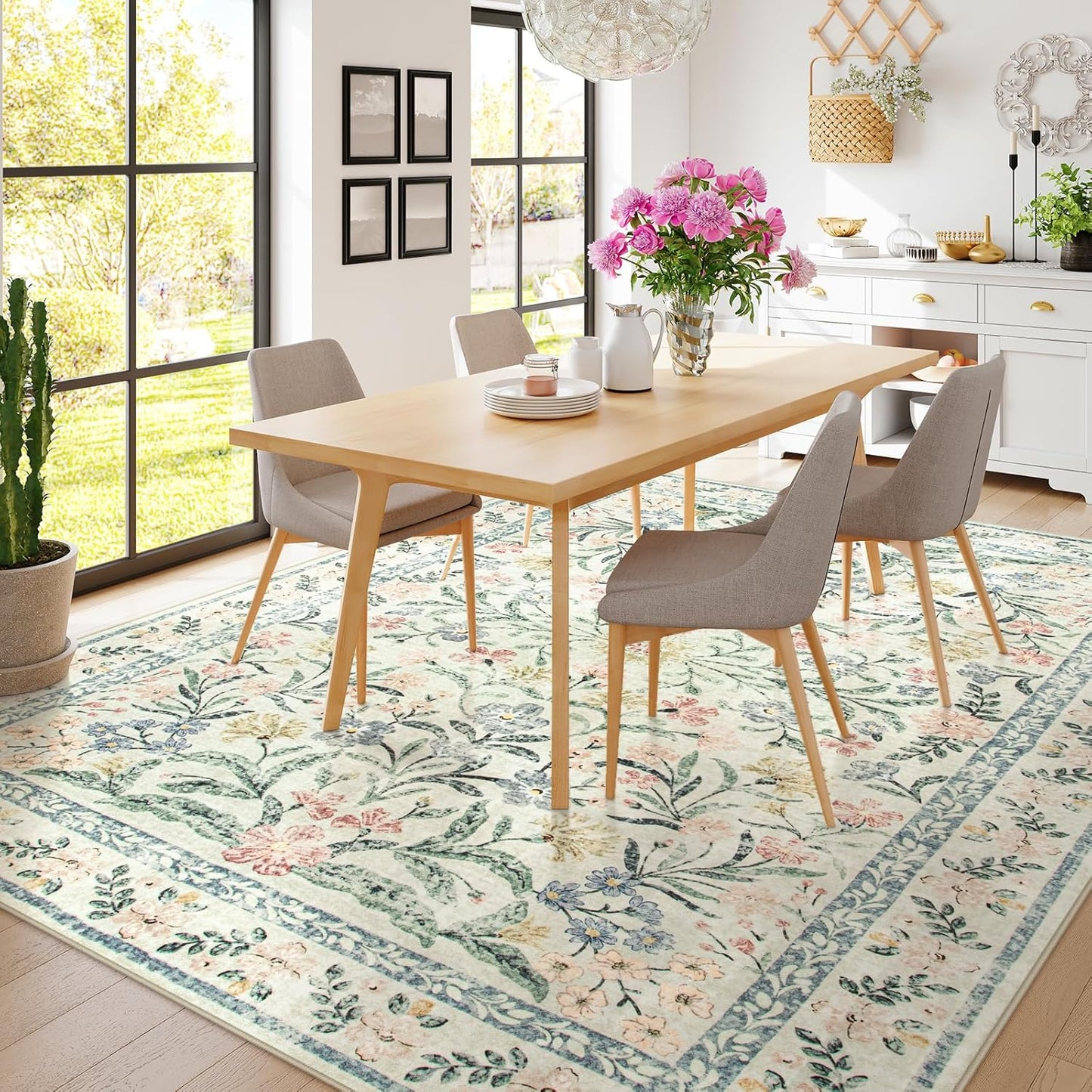 Wonnitar Large Rugs for Living Room, Soft Washable Floral 9x12 Area Rug for Bedroom, Boho Non-Shedding Foldable Carpet for Kids Playroom Apartment Home Decor