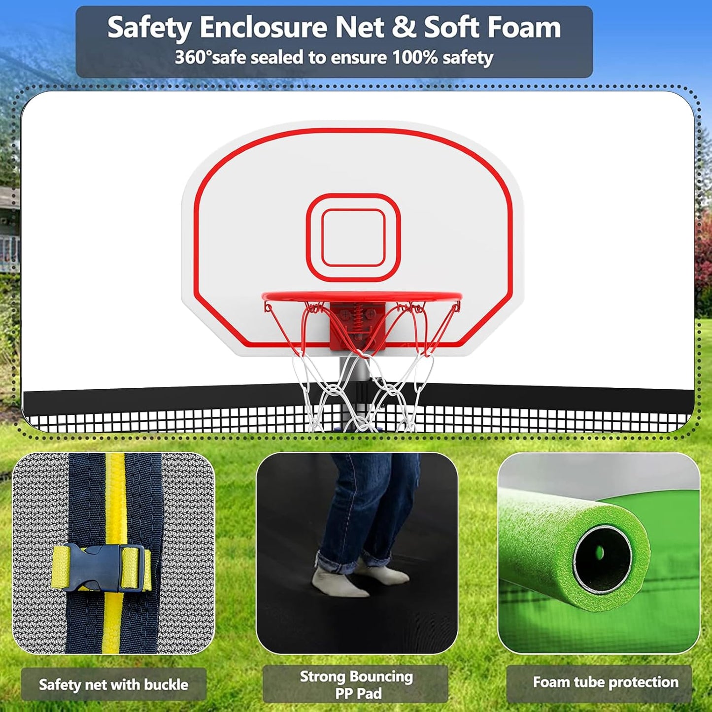 Upgraded 10/12/14/15/16FT Trampoline Outdoor, Large Kids Trampoline with Light, Stakes, Sprinkler, Backyard Trampoline with Basketball Hoop and Net, Capacity for 4-6 Kids and Adults