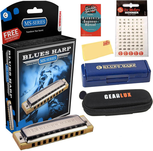 Hohner Harmonica 532 Blues Harp MS - Key of C Bundle with Key Stickers, Harmonica Beginner Manual, and Austin Bazaar Polishing Cloth
