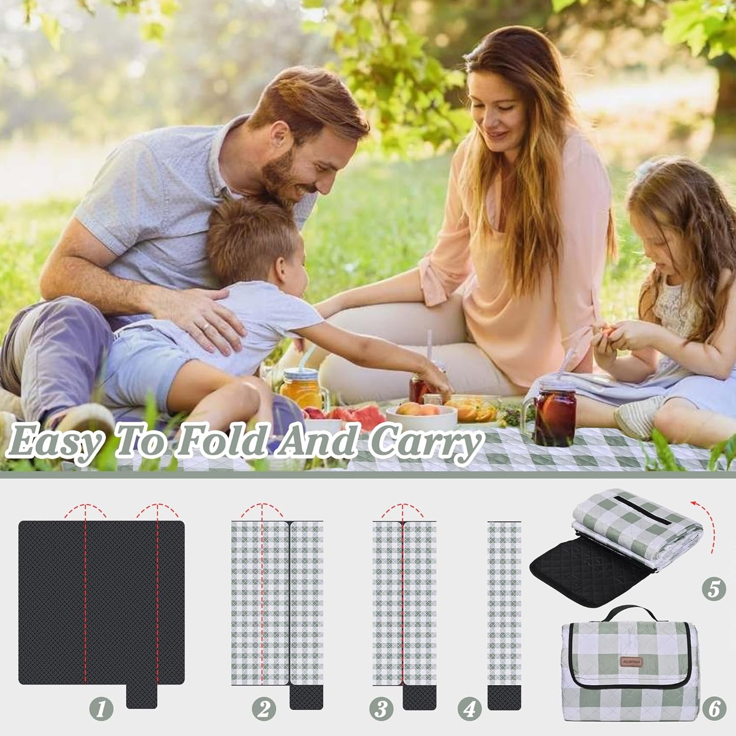 Extra Large Picnic Blanket 80''x 80'' Waterproof Foldable Picnic Mat for Beach, 5-Layer Outdoor Blanket for 6 to 8 Adults,Camping Grass Lawn Park Accessories Couple Park Wedding Registry(Green)