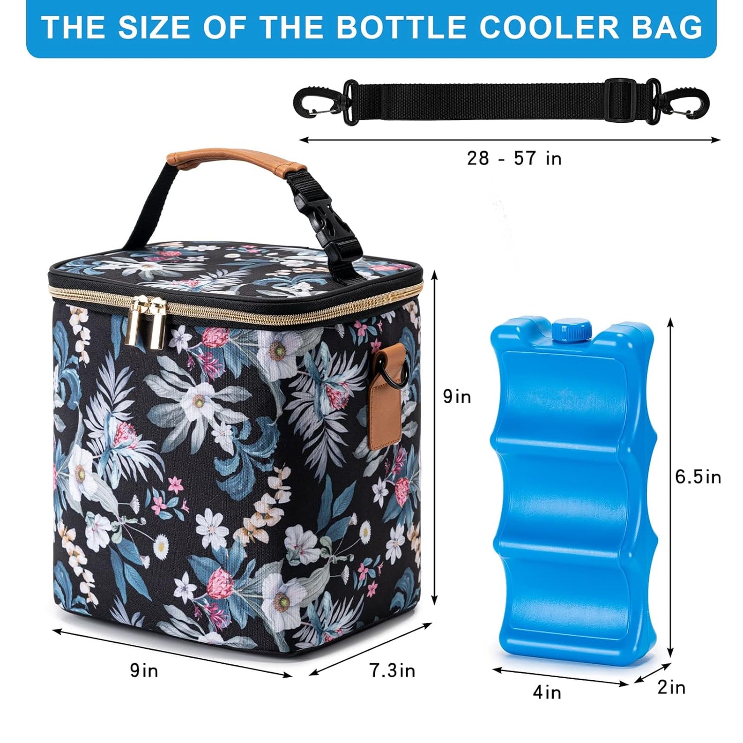 Breastmilk Cooler Bag with Ice Pack Fits 6 Baby Bottles Up to 9 Ounce, Baby Bottle Bag with Shoulder Strap for Nursing Mom Daycare, Floral