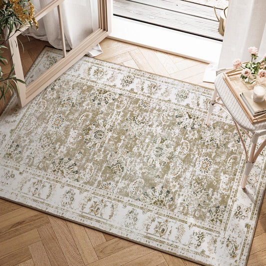 jinchan Floral 2x3 Rugs for Entryway - Vintage Washable Small Non-Slip Distressed Indoor Doormat Ultra-Thin Low-Pile Accent Rug for Entrance Kitchen Bedroom Bathroom (2x3ft,Taupe)