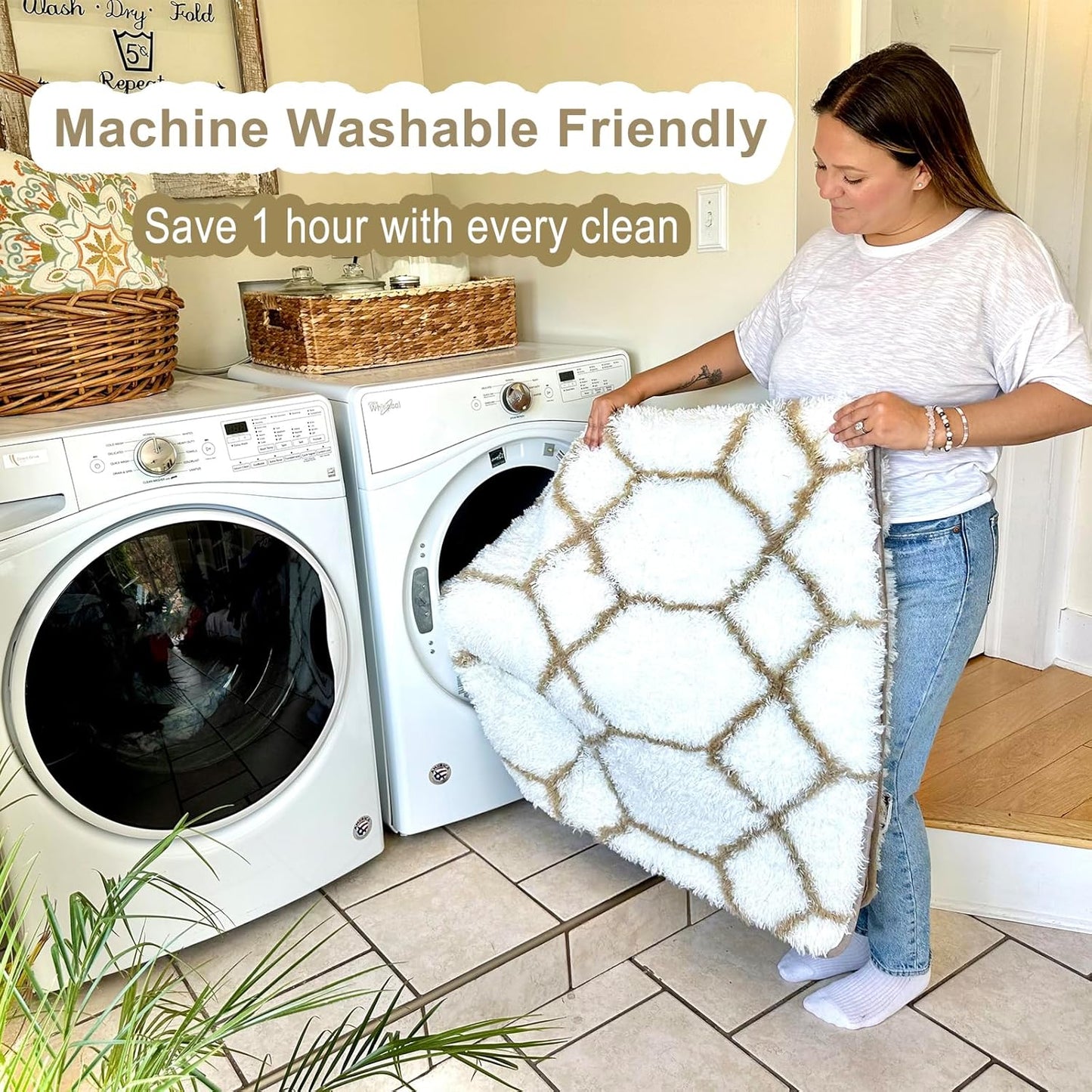 ONASAR Large Area Rugs for Living Room, 7x10 White and Beige Bedroom Rug, Washable Geometric Boho Soft Plush Shaggy Fuzzy Floor Carpet Mat for Nursery Kids Girls Boys Teen Dorm Home Decor