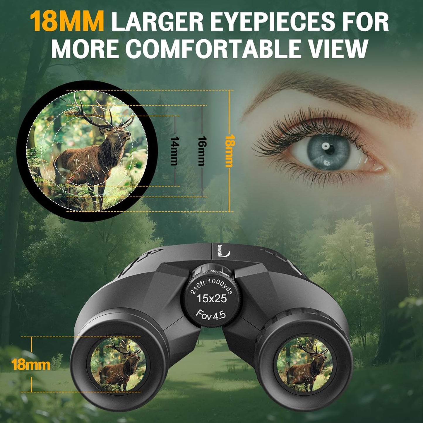 Aurosports 15x25 Compact Binoculars for Adult Kids - High Power Binoculars for Bird Watching - Easy Focus Small Binocular with Low Light Vision for Travel, Camping, Concert, Hiking
