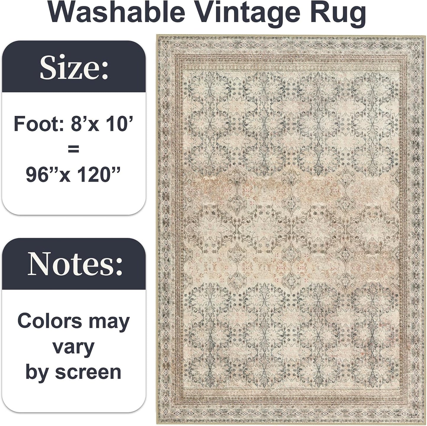 5x7 Washable Area Rug for Living Room Rustic, Non Slip Vintage Floral Bedroom Rugs Retro, Traditional Indoor Floor Carpet for Dining Room, Kitchen, Farmhouse, Office Beige/Pink/Orange