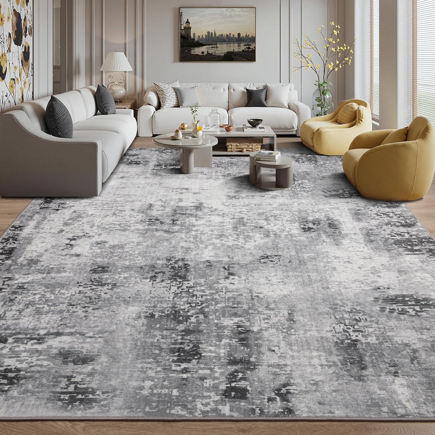 Kelarea Living Room Rug 8x10 Grey Rug Machine Washable Large Area Rugs, Non Slip Abstract Vintage Indoor Carpet for Bedroom, Nursery, Classroom, Dining Room, Home Office
