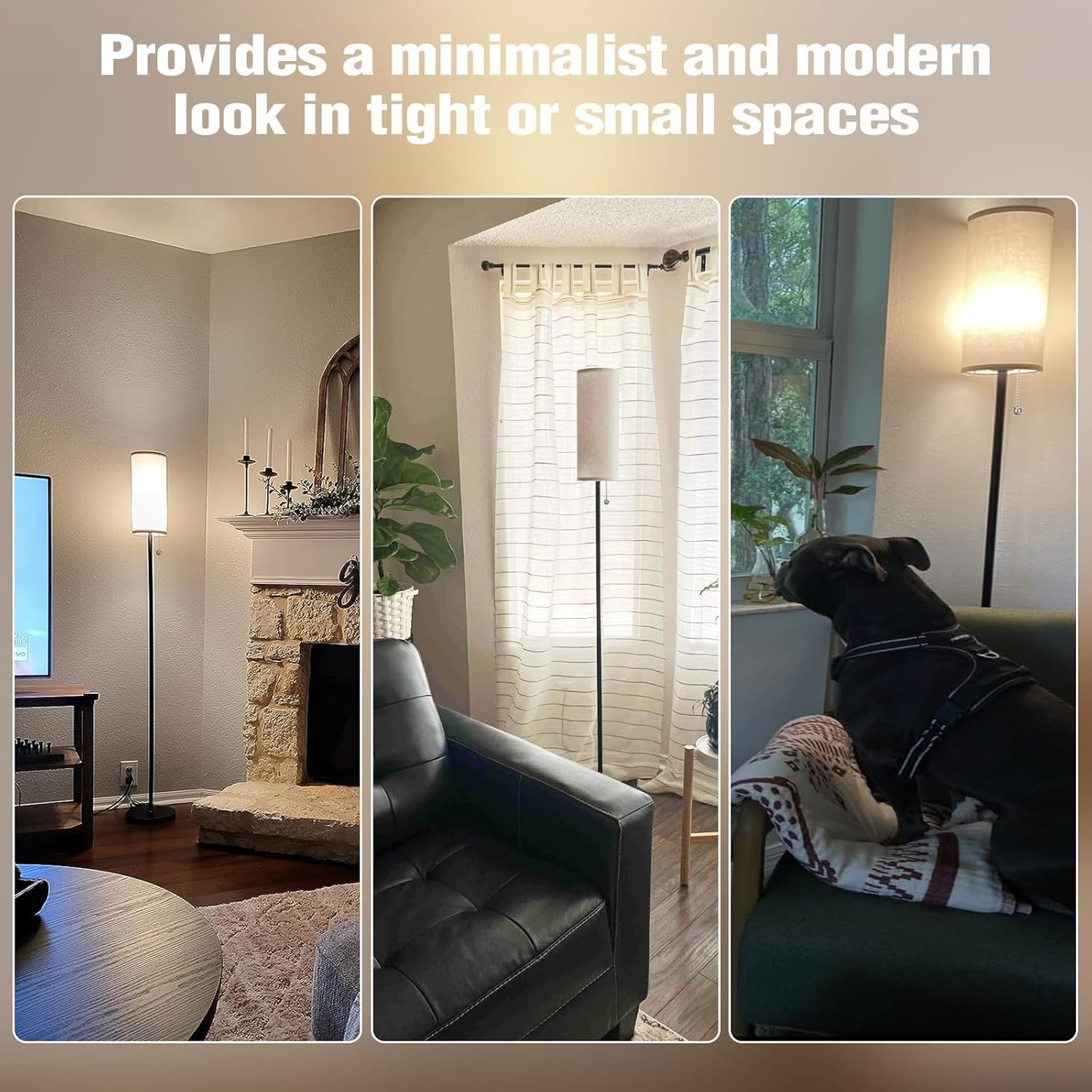 Ambimall Floor Lamp with 3 Color Temperatures Bulb Set of 2, 64" Standing lamp with Linen lampshade for Bedroom, Minimalist Pole Lamp, Beige Shade & Black Pole