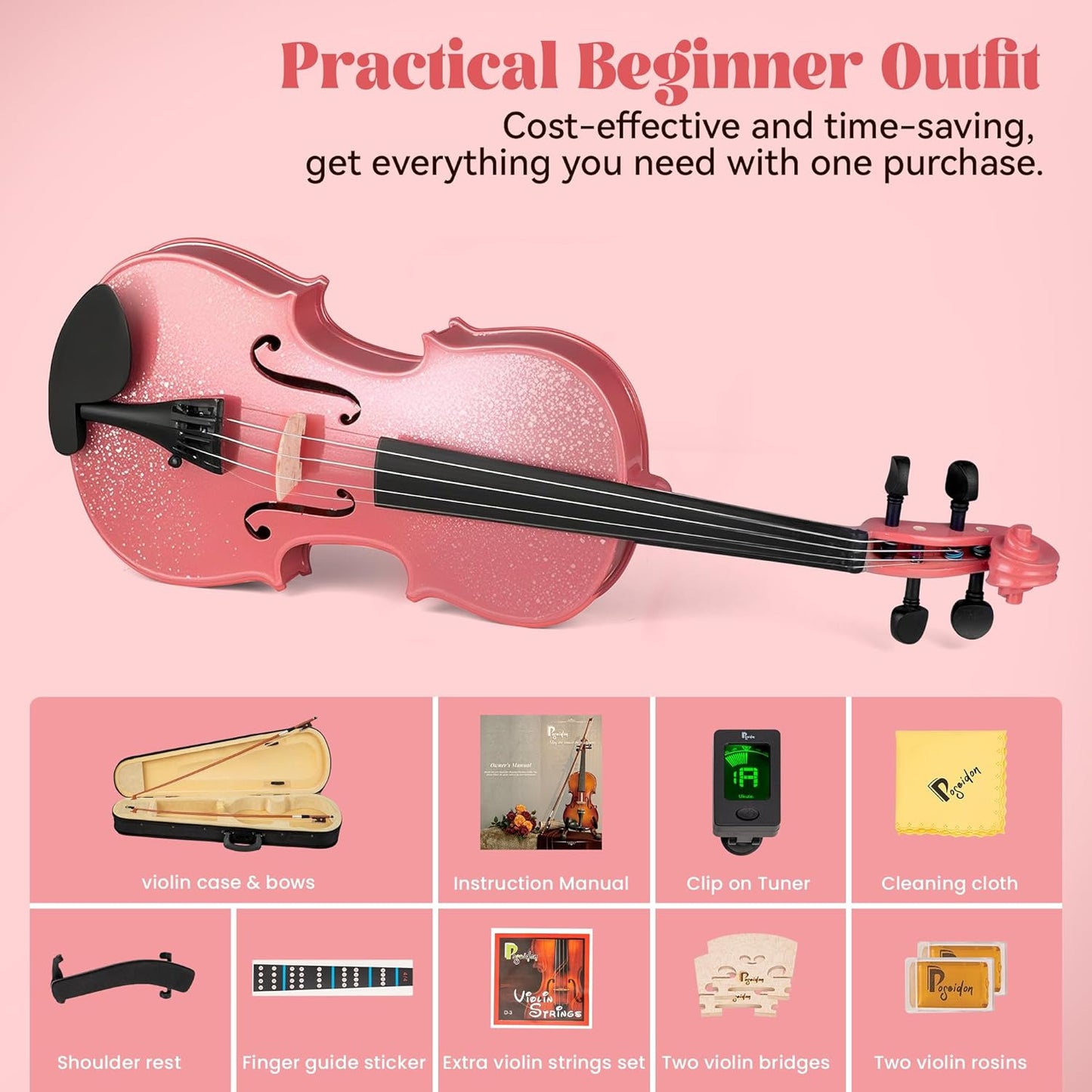 Poseidon Violin 4/4 Violin for Beginner, Girls Violin with Premium Solidwood Spruce Top with Hard Case, Extra Bows, Extra Strings, Shoulder Rest, Rosin, Clip-on Tuner, Manual
