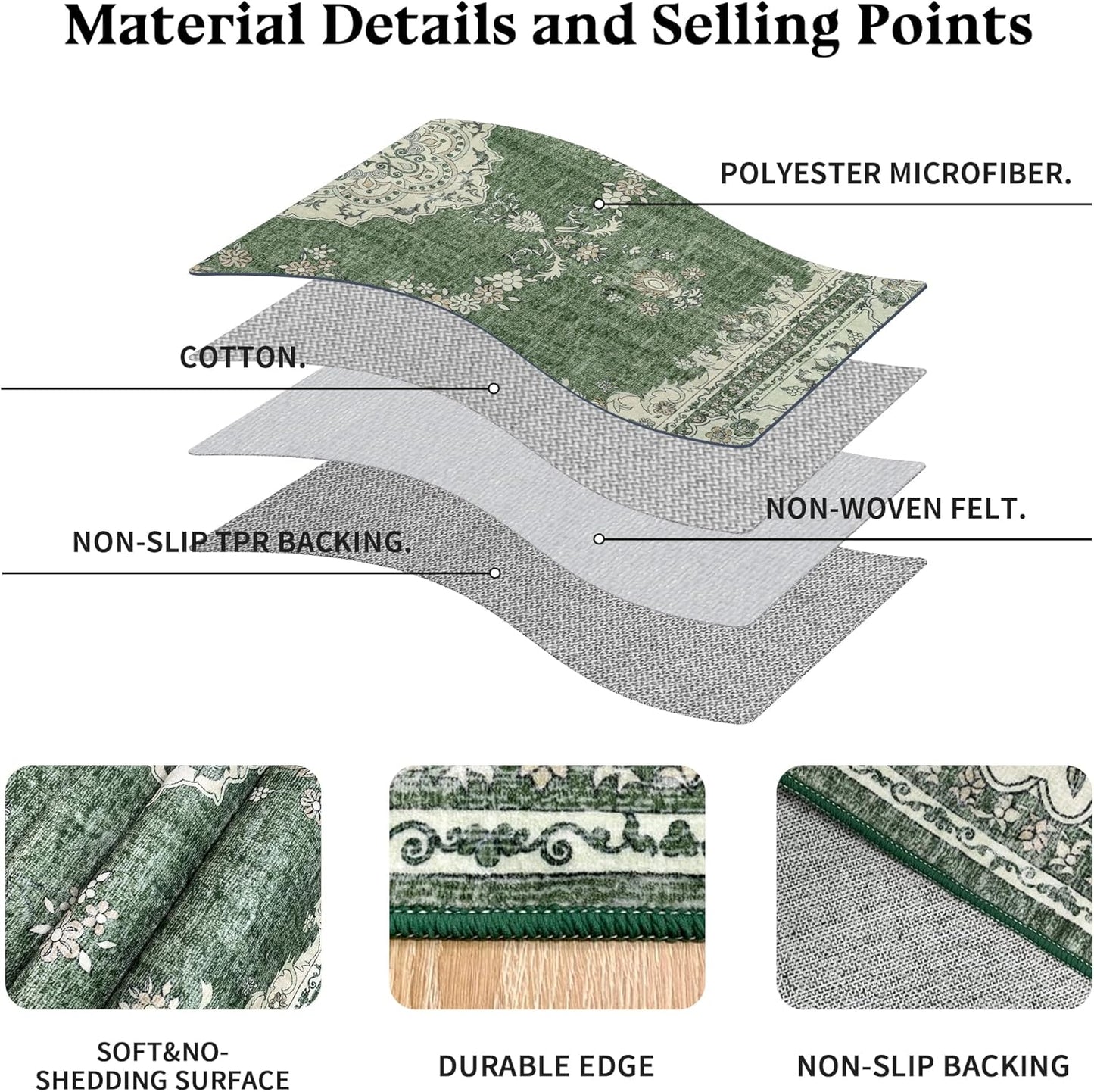 6x9 Area Rugs Washable: Oriental Soft Area Rug for Living Room Bedroom No Shedding - Low Pile Thin Carpet Rug for Dining Room Non Slip - Boho Vintage Rug for Home Decor - Olive Green