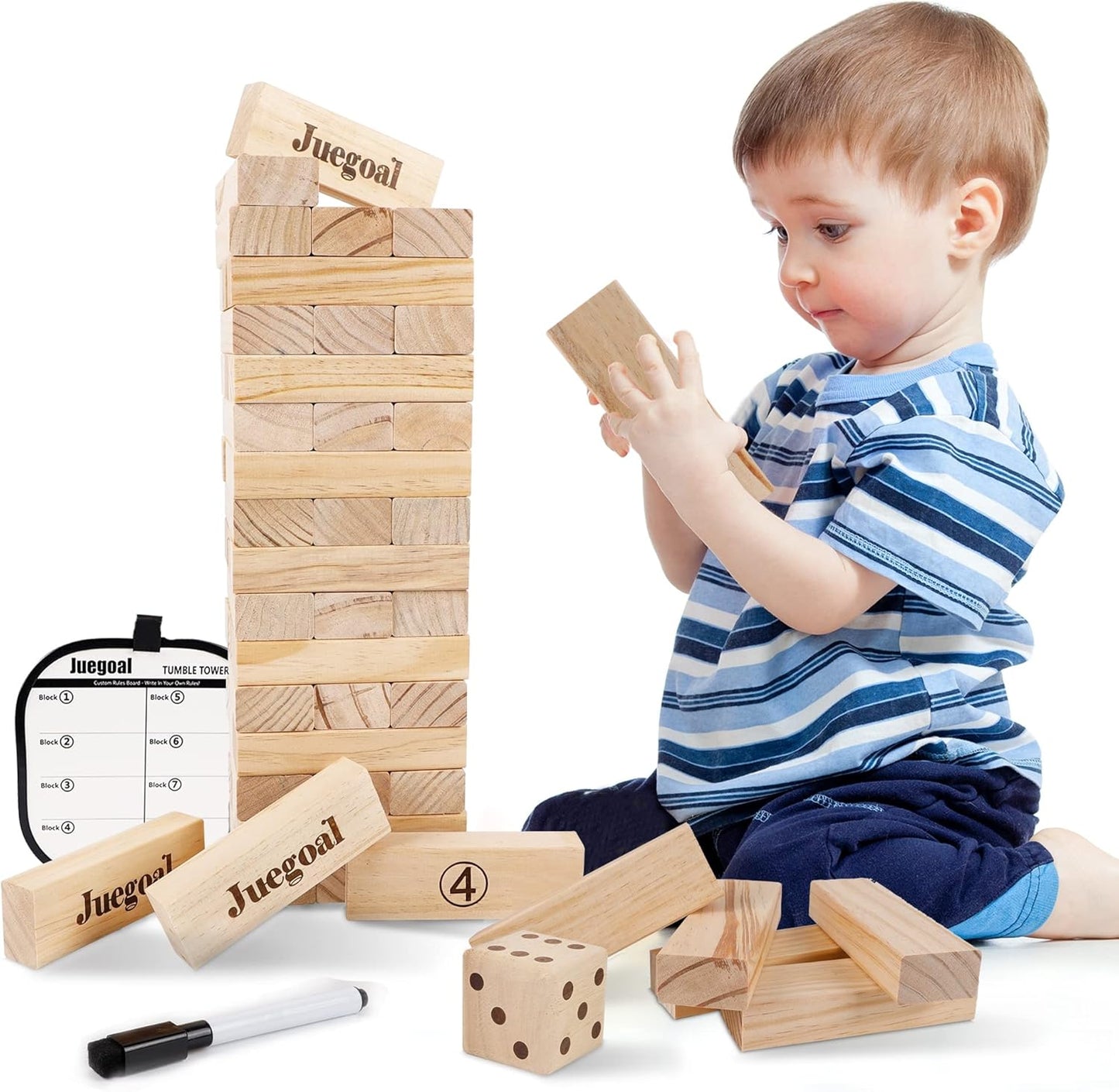 Juegoal 54 Pieces Giant Tumble Tower Blocks Game Giant Wood Stacking Game with 1 Dice Set Canvas Bag for Adult, Kids, Family