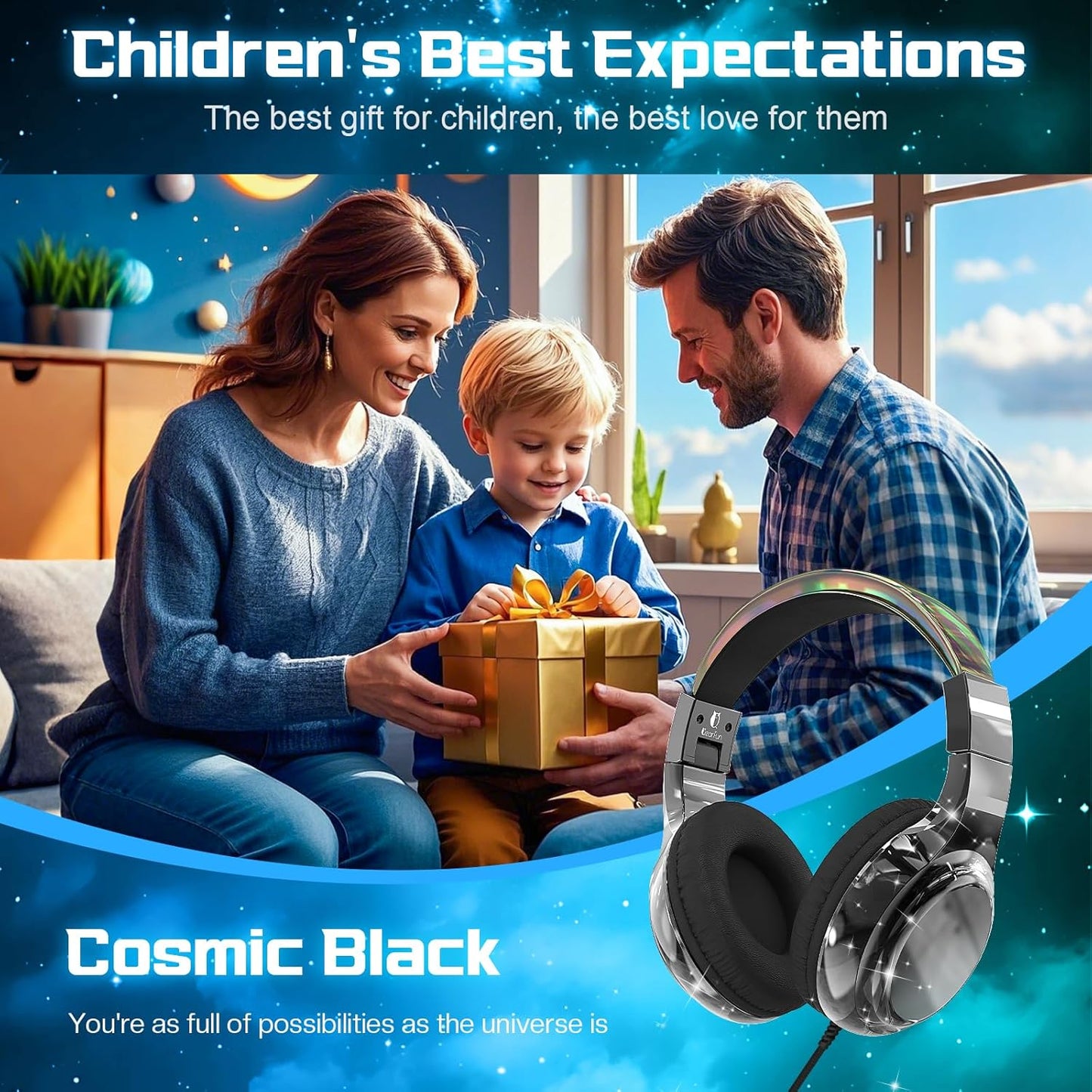 QearFun Kids Headphones Wired with Mic, 85/94dB Safe Volume Limit, Foldable Over Ear, Tangle-Free Cord & Sharing Port, Wired On-Ear Headset for School, Chromebook, Tablet, Travel - Boys & Girls