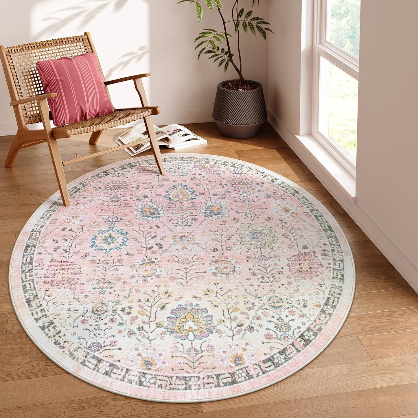 Lahome Light Pink Boho Rug 6ft, Circle Washable Area Rugs for Playroom Kids Room, Soft Floral Nursery Round Carpet Non Slip, Pastel Floor Carpet for Bedroom Living Room