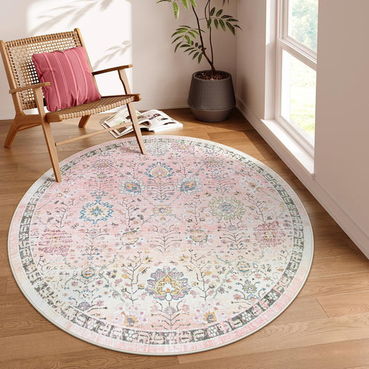 Lahome Light Pink Boho Rug 6ft, Circle Washable Area Rugs for Playroom Kids Room, Soft Floral Nursery Round Carpet Non Slip, Pastel Floor Carpet for Bedroom Living Room