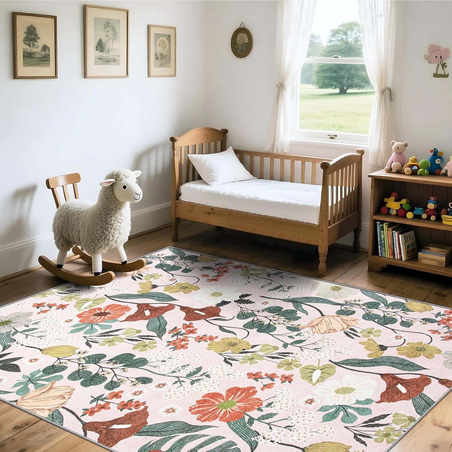 Area Rug Living Room Rugs: 5x7 Washable Rug Vintage Floral Soft Boho Non Slip Carpet Indoor Floor Non Shedding Low Pile Thin Carpets for Bedroom Dining Room Farmhouse Nursery Home Office Light Pink