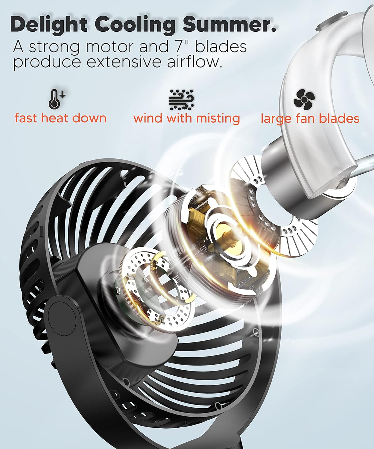 TYZU Portable 7 Inch Misting Fan with Flexible Tripod, 4 Speeds and Timer, Personal Handheld Fan for Baby, Office, Travel, Treadmill, Outdoors